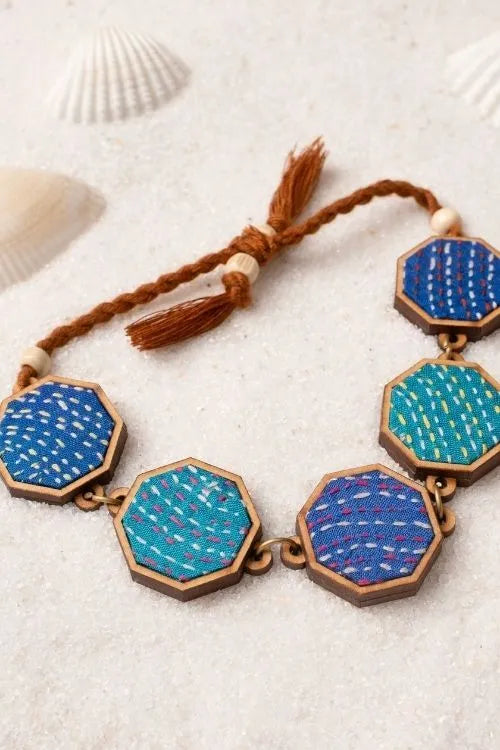 WHE Multicolour Kantha Repurposed Silk Fabric And Wood Bracelet