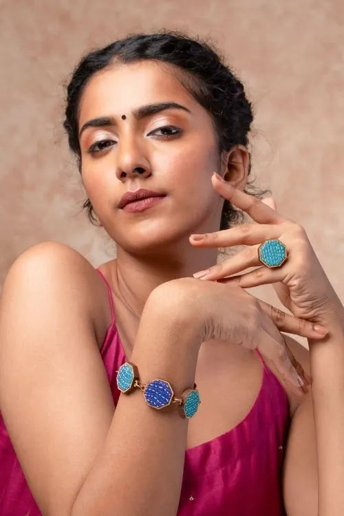 WHE Multicolour Kantha Repurposed Silk Fabric And Wood Bracelet