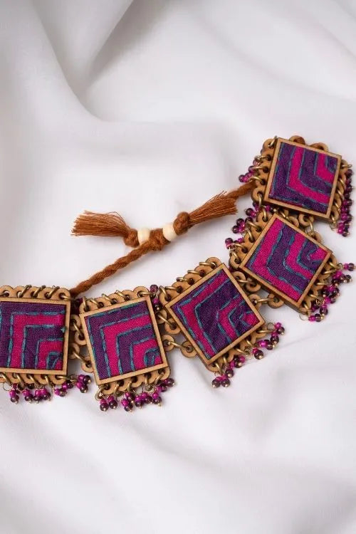 WHE Pink Purple Kantha Repurposed Silk Fabric And Wood  Beads Bracelet