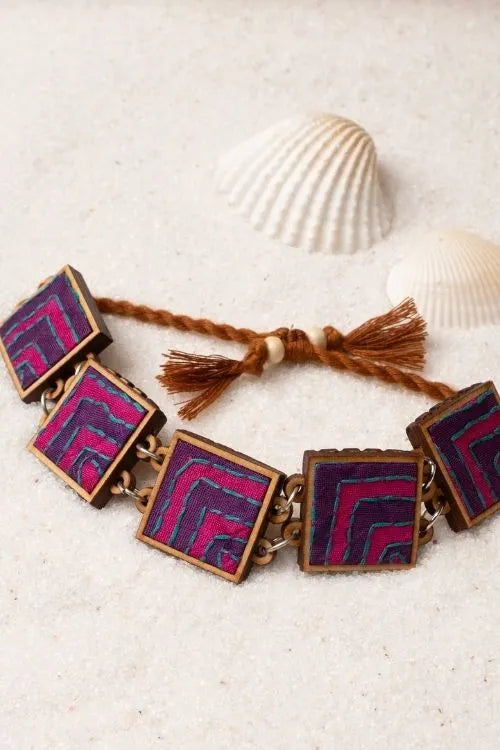 WHE Pink Purple Kantha Repurposed Silk Fabric And Wood Bracelet