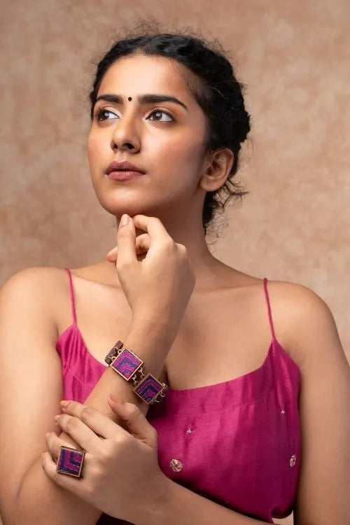 WHE Pink Purple Kantha Repurposed Silk Fabric And Wood Bracelet