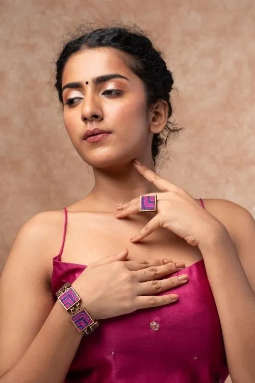 WHE Pink Purple Kantha Repurposed Silk Fabric And Wood Bracelet