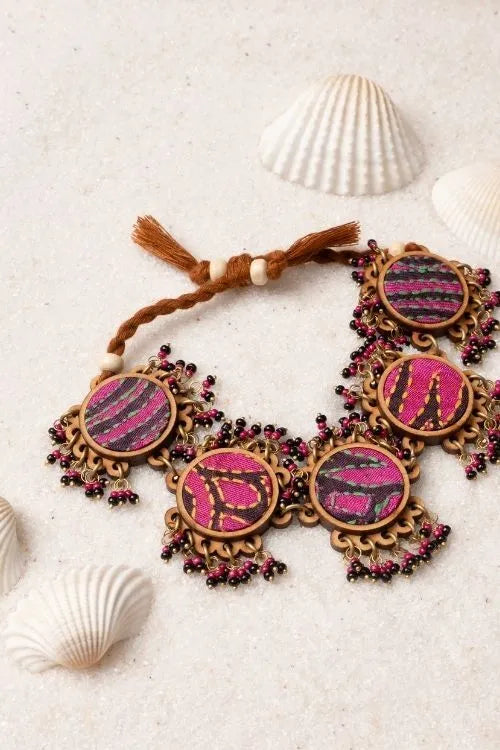 WHE Multicolor Kantha Silk Fabric And Repurposed Wood Bracelet With Beads