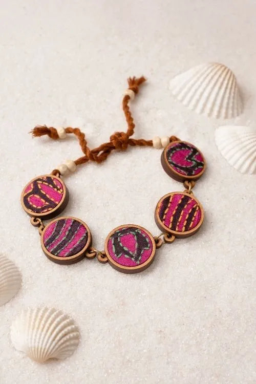 WHE Multicolor Kantha Silk Fabric And Repurposed Wood Bracelet