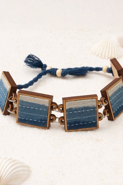 WHE Shades Of Indigo Blue Repurposed Fabric And Wood Square Bracelet