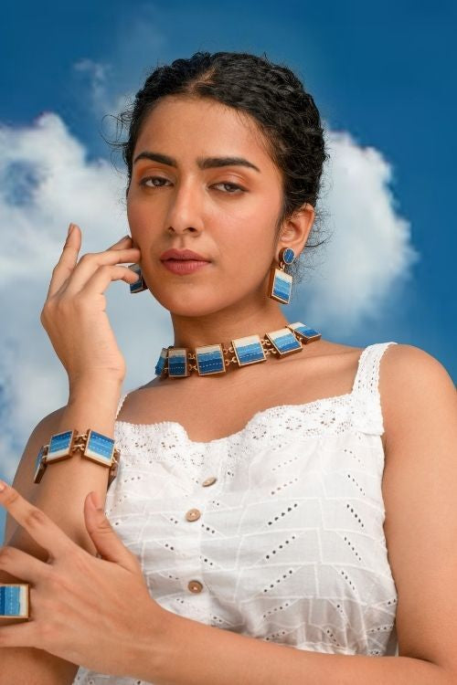 WHE Shades Of Indigo Blue Repurposed Fabric And Wood Square Bracelet