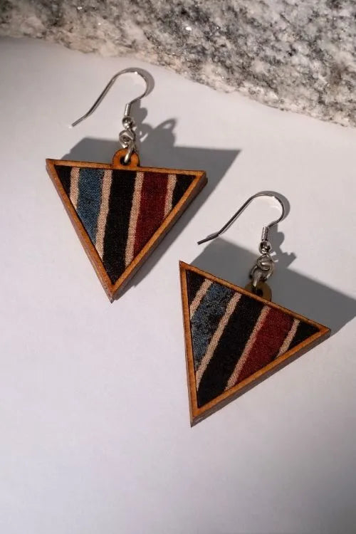 WHE Black Ajrakh Repurposed Fabric And Wood Triangular Necklace And Earrings