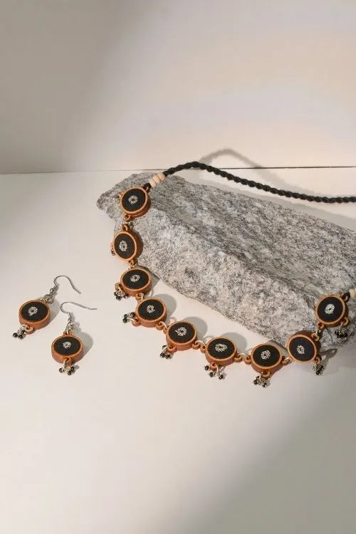 WHE Black Repurposed Fabric And Wood Necklace & Earrings