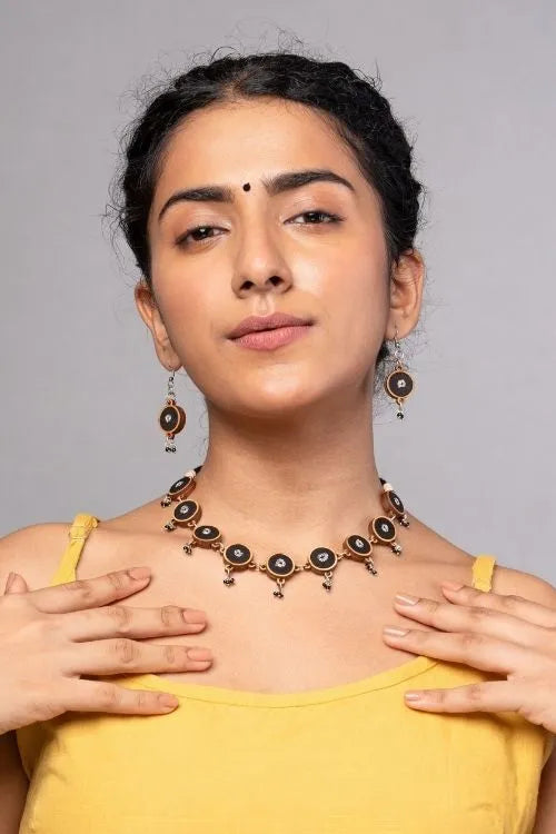 WHE Black Repurposed Fabric And Wood Necklace & Earrings