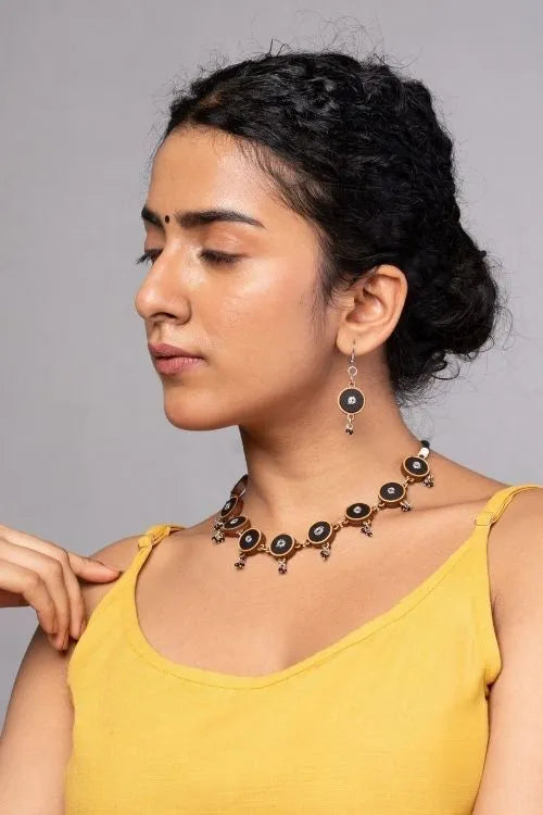 WHE Black Repurposed Fabric And Wood Necklace & Earrings