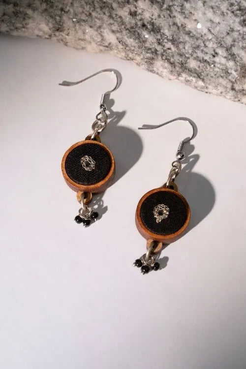 WHE Black Repurposed Fabric And Wood Necklace & Earrings