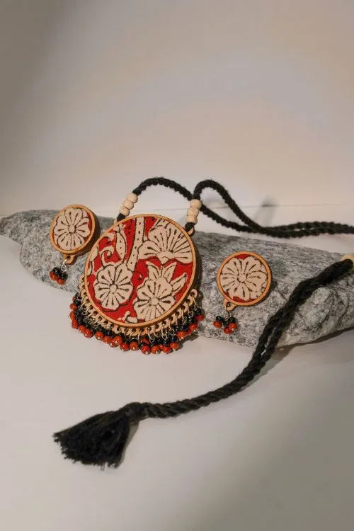 WHE Two In One Black And Red Repurposed Fabric And Wood Round Pendant & Earrings