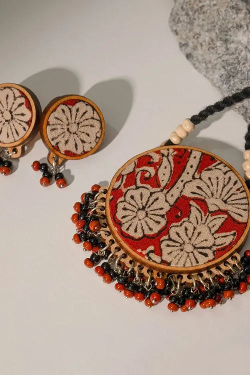 WHE Two In One Black And Red Repurposed Fabric And Wood Round Pendant & Earrings