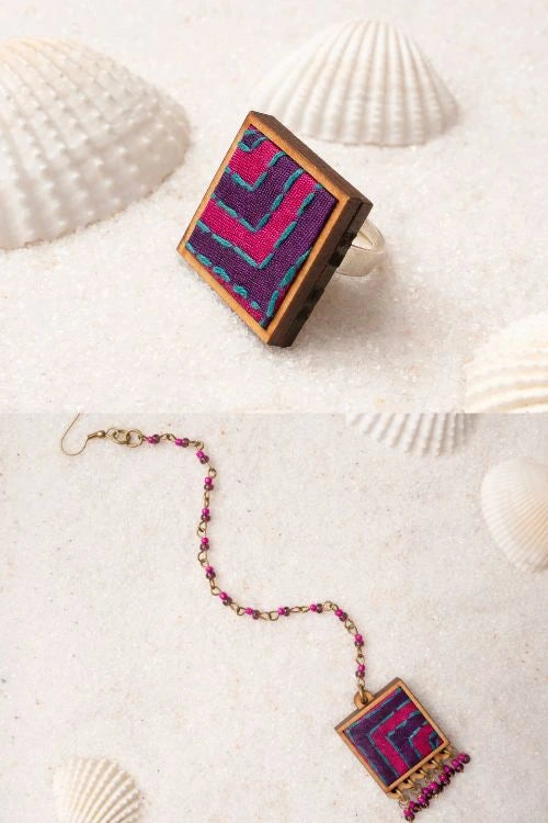 WHE Pink Purple Kantha Repurposed Silk Fabric And Wood Ring & Tikka