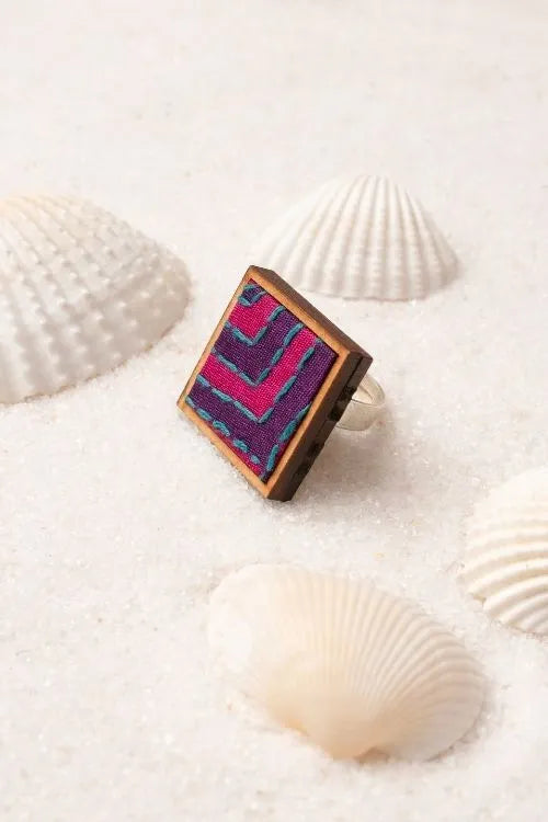 WHE Pink Purple Kantha Repurposed Silk Fabric And Wood Ring & Tikka