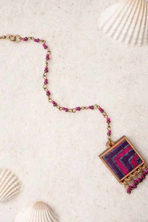 WHE Pink Purple Kantha Repurposed Silk Fabric And Wood Ring & Tikka