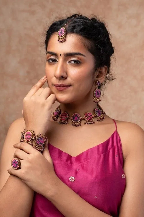 WHE Multicolor Kantha Silk Repurposed Silk Fabric And Wood Maang Tika & Ring