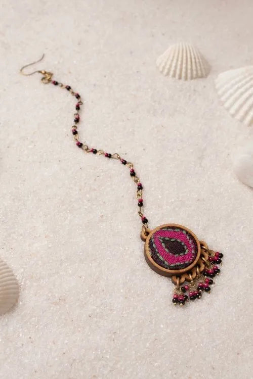 WHE Multicolor Kantha Silk Repurposed Silk Fabric And Wood Maang Tika & Ring
