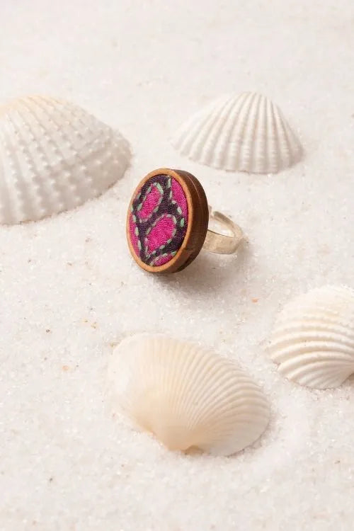 WHE Multicolor Kantha Silk Repurposed Silk Fabric And Wood Maang Tika & Ring