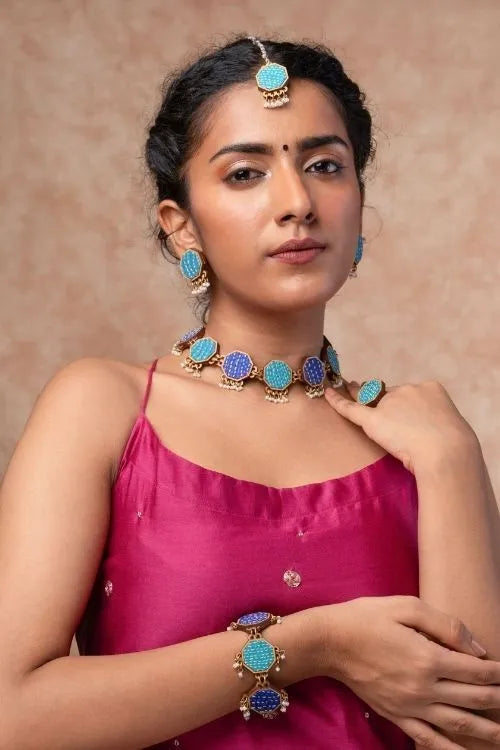WHE Turquoise Kantha Repurposed Silk Fabric And Wood Maang Tika & Ring