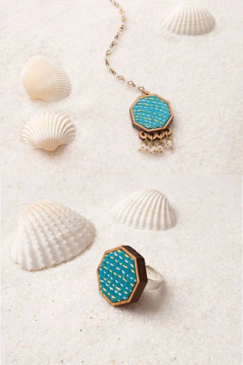 WHE Turquoise Kantha Repurposed Silk Fabric And Wood Maang Tika & Ring