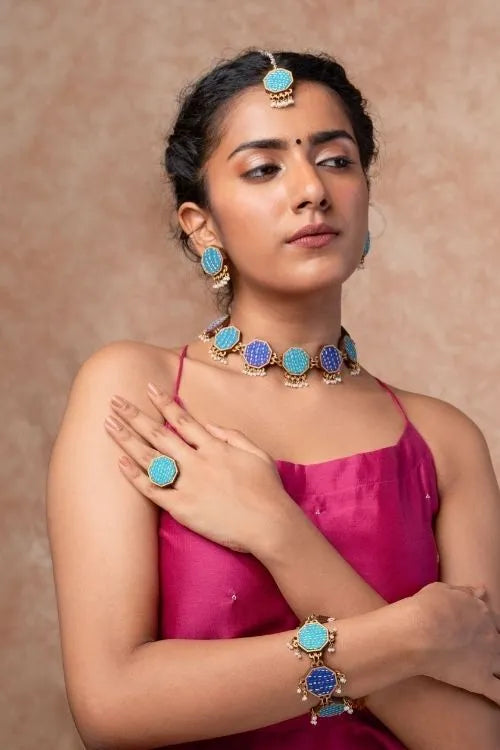 WHE Turquoise Kantha Repurposed Silk Fabric And Wood Maang Tika & Ring