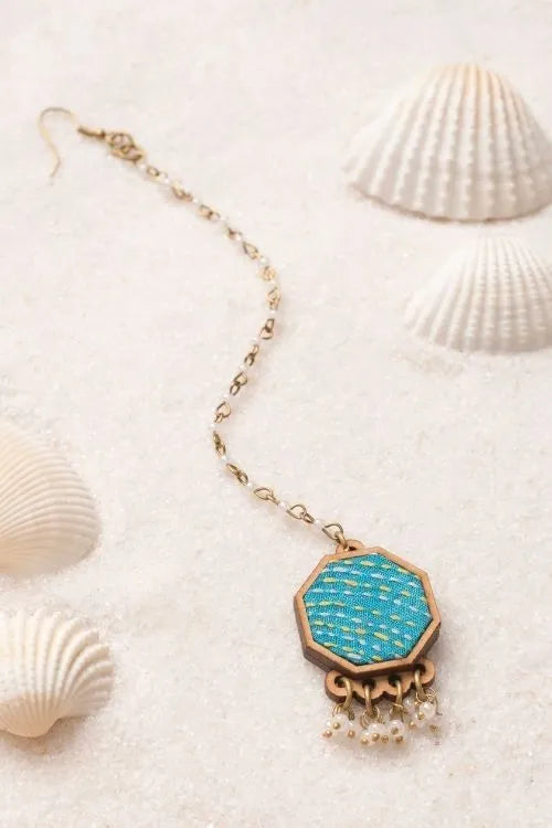 WHE Turquoise Kantha Repurposed Silk Fabric And Wood Maang Tika & Ring