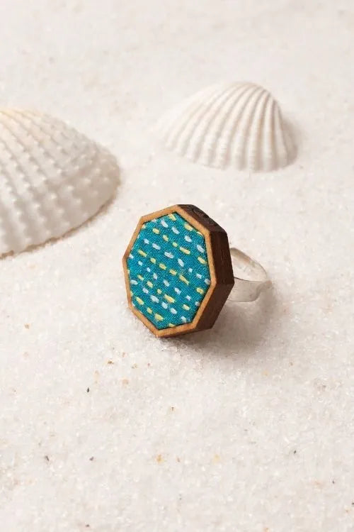 WHE Turquoise Kantha Repurposed Silk Fabric And Wood Maang Tika & Ring