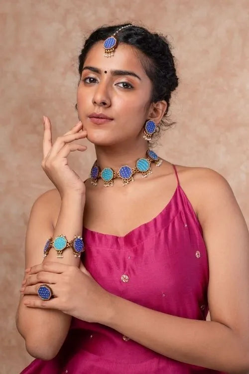 Combo Of WHE Blue Kantha Repurposed Silk Fabric And Wood Maang Tika & Ring