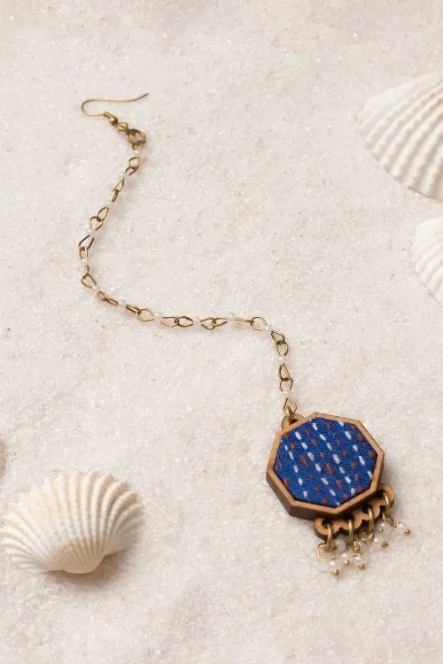 Combo Of WHE Blue Kantha Repurposed Silk Fabric And Wood Maang Tika & Ring