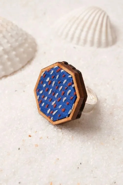 Combo Of WHE Blue Kantha Repurposed Silk Fabric And Wood Maang Tika & Ring