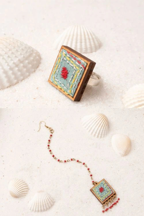 Combo Of WHE Kantha Columbia Blue Repurposed Silk Fabric And Wood Ring & Tikka
