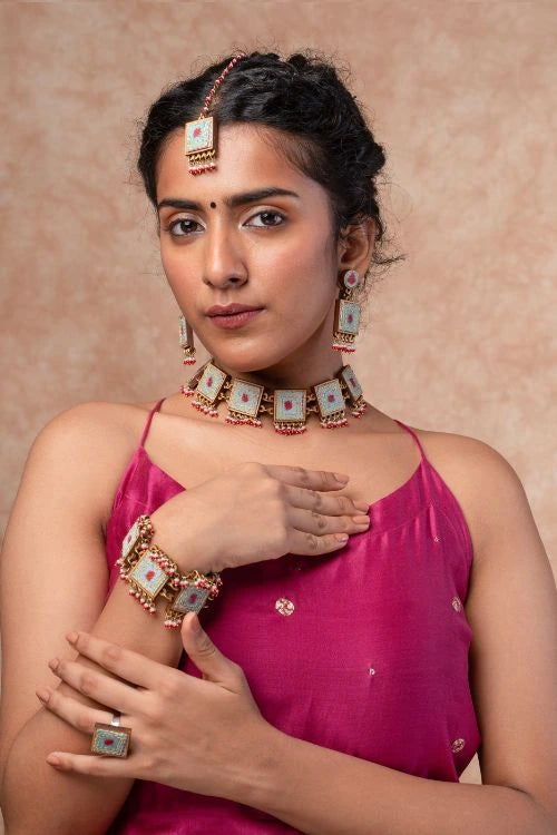 Combo Of WHE Kantha Columbia Blue Repurposed Silk Fabric And Wood Ring & Tikka