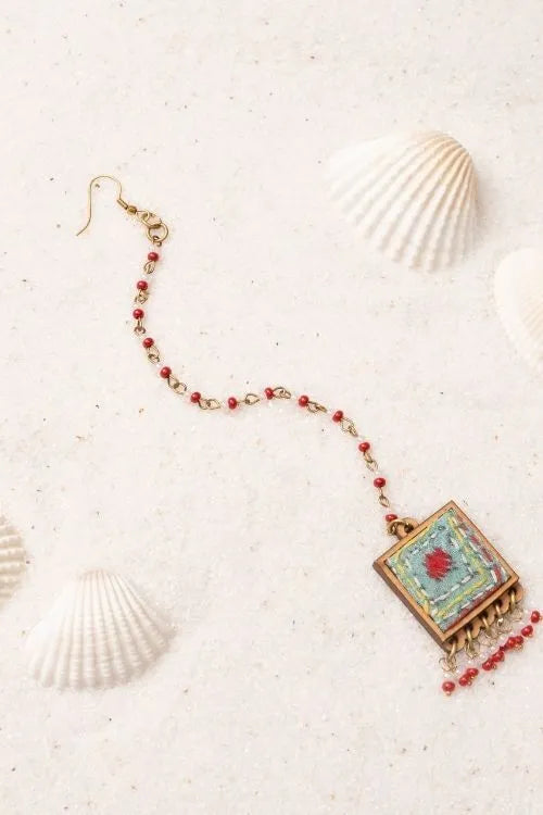 Combo Of WHE Kantha Columbia Blue Repurposed Silk Fabric And Wood Ring & Tikka