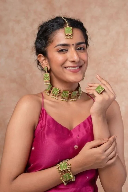 Combo Of WHE Kantha Green Repurposed Silk Fabric And Wood Ring & Tikka