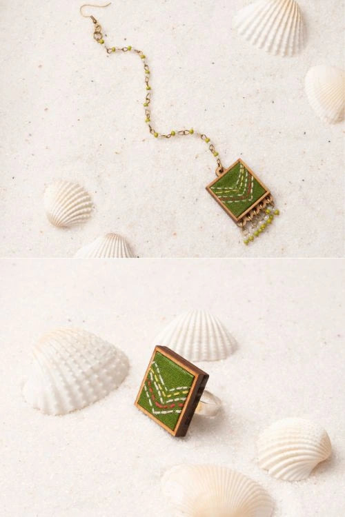 Combo Of WHE Kantha Green Repurposed Silk Fabric And Wood Ring & Tikka
