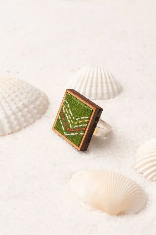 Combo Of WHE Kantha Green Repurposed Silk Fabric And Wood Ring & Tikka