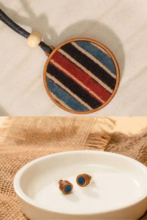 WHE Unisex Blue Round Repurposed Fabric And Wood Pendant & Studs