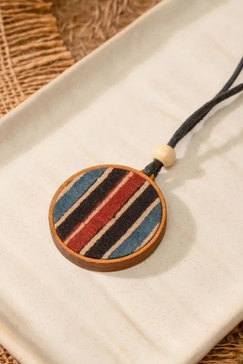 WHE Unisex Blue Round Repurposed Fabric And Wood Pendant & Studs