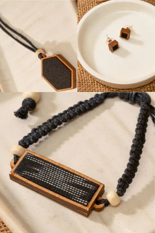 Combo Of WHE Unisex Black Repurposed Fabric And Wood Pendant, Studs & Bracelet