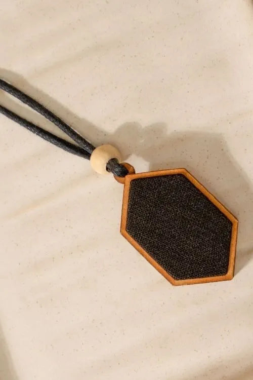 Combo Of WHE Unisex Black Repurposed Fabric And Wood Pendant, Studs & Bracelet