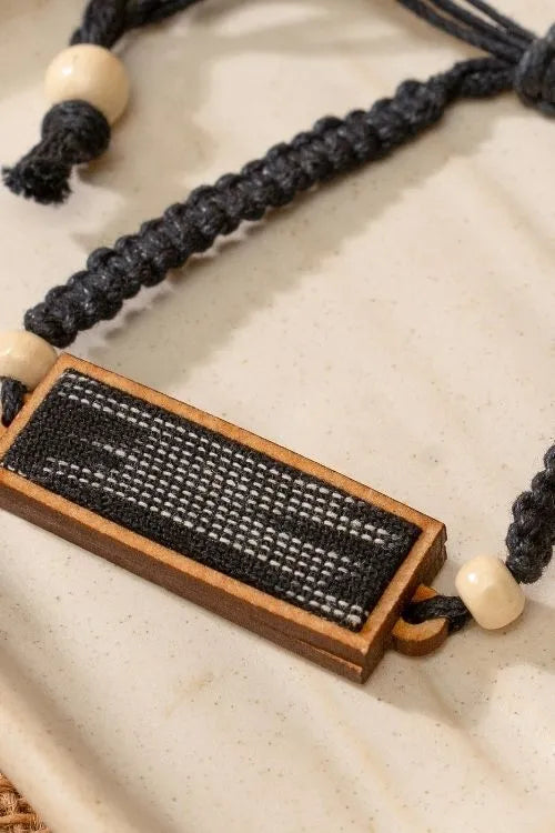 Combo Of WHE Unisex Black Repurposed Fabric And Wood Pendant, Studs & Bracelet