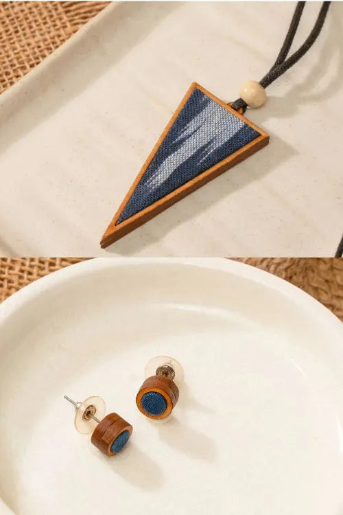 WHE Unisex Blue Repurposed Fabric And Wood Triangular Pendant & Round Studs
