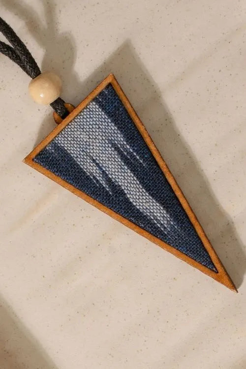WHE Unisex Blue Repurposed Fabric And Wood Triangular Pendant & Round Studs