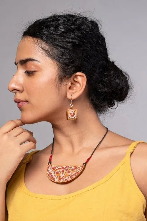 Combo Of WHE Red Repurposed Kalamkari Fabric And Repurposed Wood Pendant & Danglers