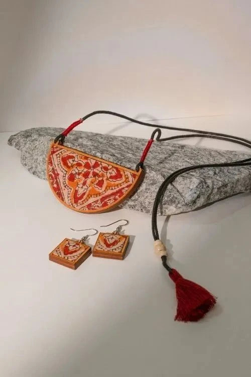 Combo Of WHE Red Repurposed Kalamkari Fabric And Repurposed Wood Pendant & Danglers