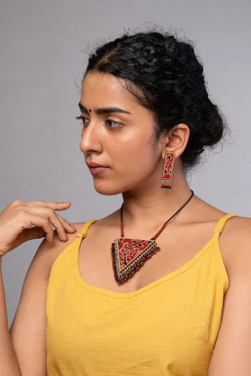 WHE Two In One Multicolor Repurposed Fabric And Wood Triangle Pendant & Rectangle Studs