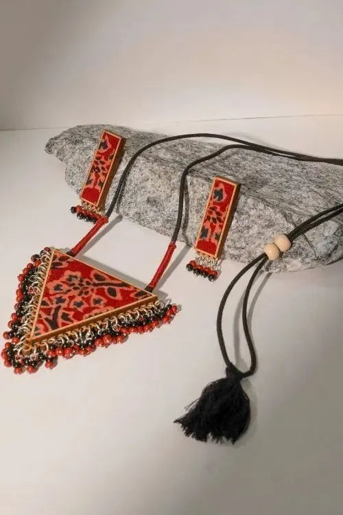 WHE Two In One Multicolor Repurposed Fabric And Wood Triangle Pendant & Rectangle Studs
