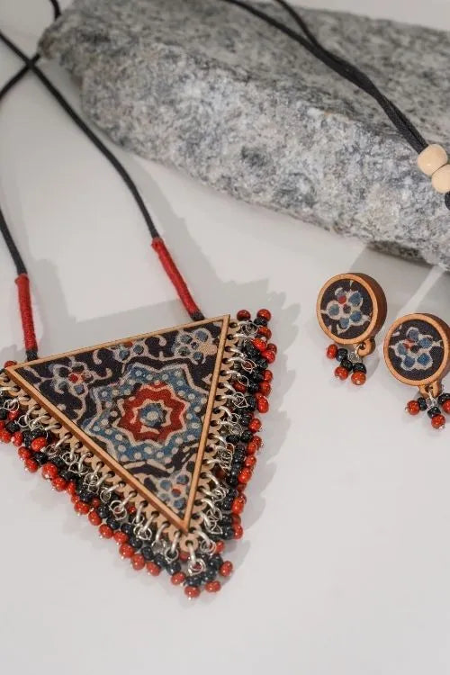 WHE Two In One Multicolour Repurposed Fabric And Wood Triangle Pendant & Rounds Studs