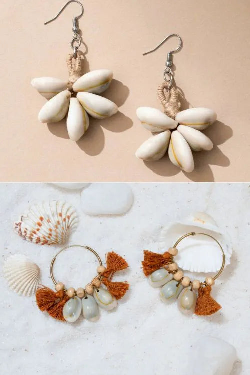 Combo Of WHE Artisan Shell Hoop Earrings & Cowry Shell Earrings
